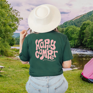 Happy camper shirt near river with pink tent in background